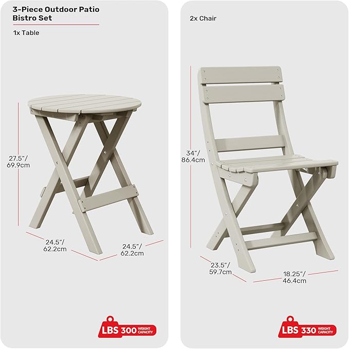 Costaelm Paradise 3-Piece Outdoor HDPE Folding Patio Bistro Table and Chairs, Sand