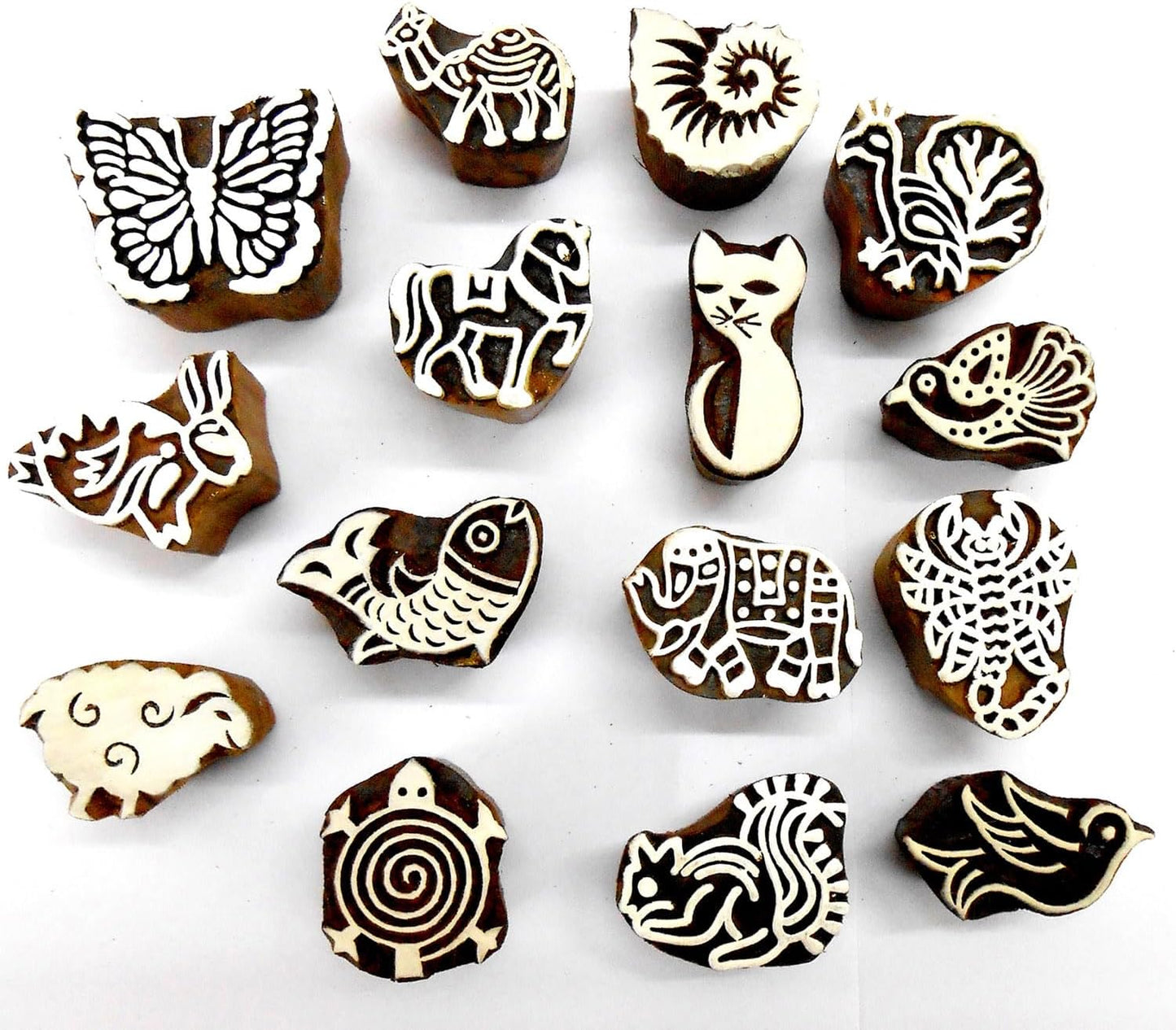 CraftsofIndia® Animals and Birds Wooden Blocks for Stamping, Block Printing on Textiles, Pottery Crafts,Henna, Scrapbooking, Wall Painting (Set of 15)