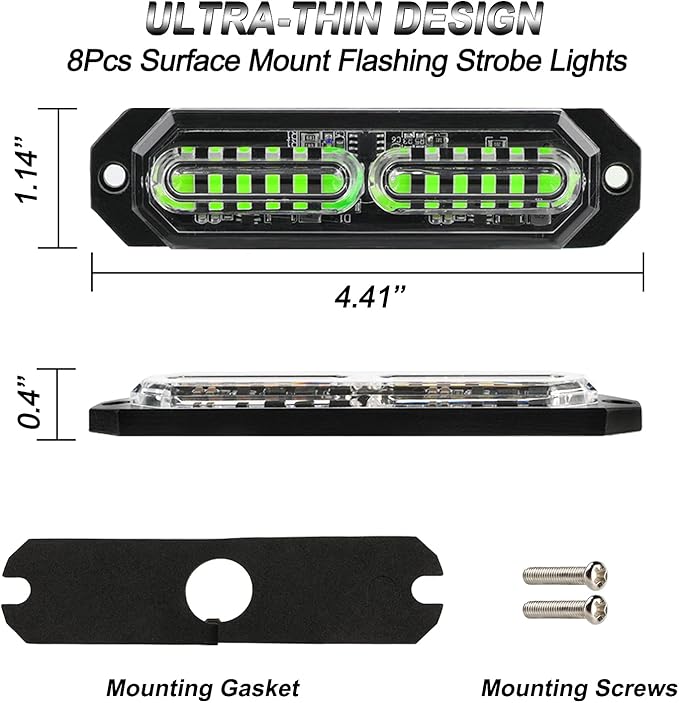 ASPL 8pcs Sync Feature Ultra Slim 12-LED Surface Mount Flashing Strobe Lights for Truck Car Vehicle LED Mini Grille Light Head Emergency Beacon Hazard Warning Lights (Green)