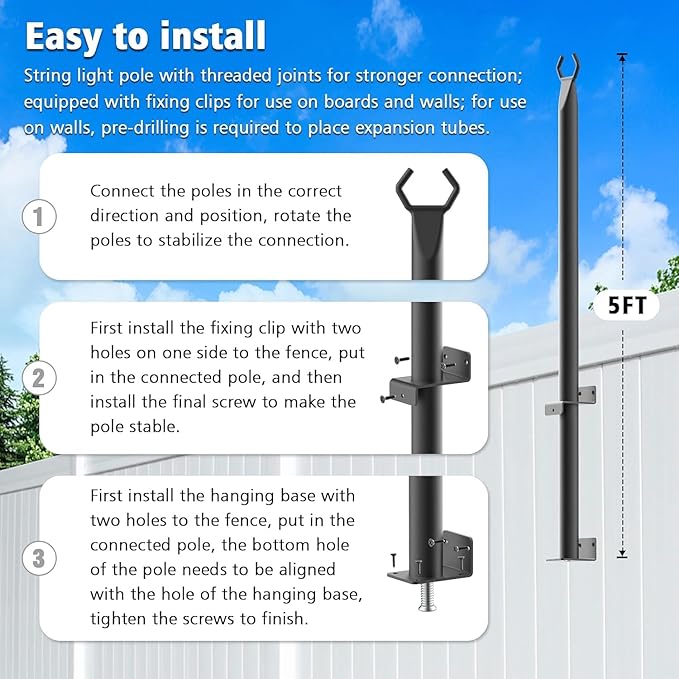 10 Pack String Light Poles,5Ft Metal Poles for Outdoor String Lights,Outdoor Light Poles with Post,Poles/Stand for Outside,Patio,Deck,Backyard,Garden Wedding,Party
