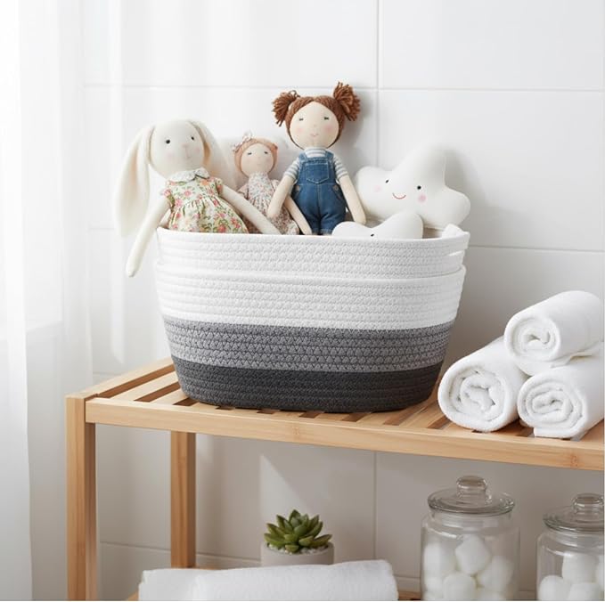 12 Pack Easter Woven Baskets for Gifts Empty Large Cotton Rope Square Storage Baskets with Handle for Organizing Shelves, Toys, Books, Towels, Clothes, 12.6" L x 8.7" w x 6" h(Gray)