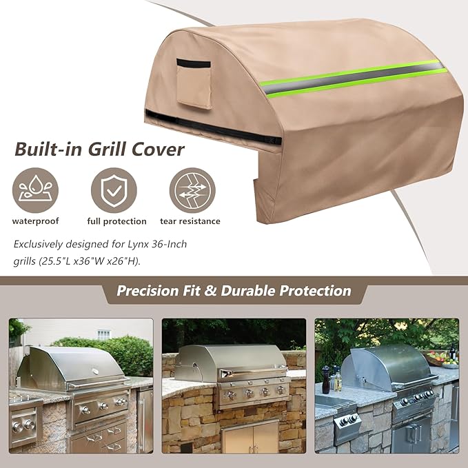 Built in Grill Cover for Lynx 36-Inch - Heavy Duty 600D Waterproof with Reflective Strips and Plush Lining,Protects The Built in Grill While Enhancing its Visual Appeal,25.5''L x 36''W x 26''H,Khaki