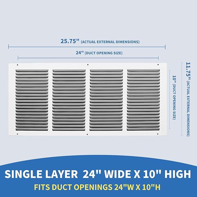24x10 Return Air Grille (Duct Opening Size), Air Return Vent Cover, AC Vent Cover, Cold Air Return Vent Cover, Flat Return Air Grilles, Outer Dimensions:25.75"W x 11.75"H (24"Wx10"H, Duct Opening)