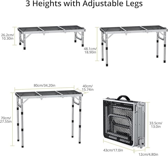 Anbte 3ft Folding Grill Table with Storage Bag, 3 Adjustable Height 27.5" Aluminum Portable Grill Table, Heat Resistant, Lightweight, Portable Handle for BBQ Cooking Camping Travel, 35" X 16", Silver