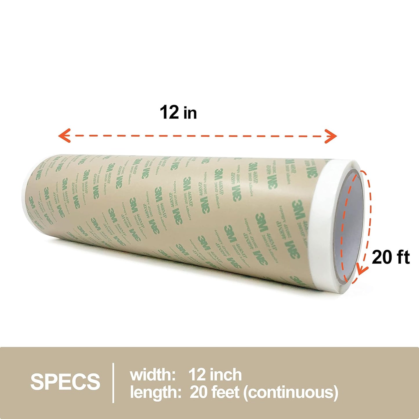 3M 468MP Double Sided Adhesive Transfer Tape Sheet Roll, 12" Width x 20 ft