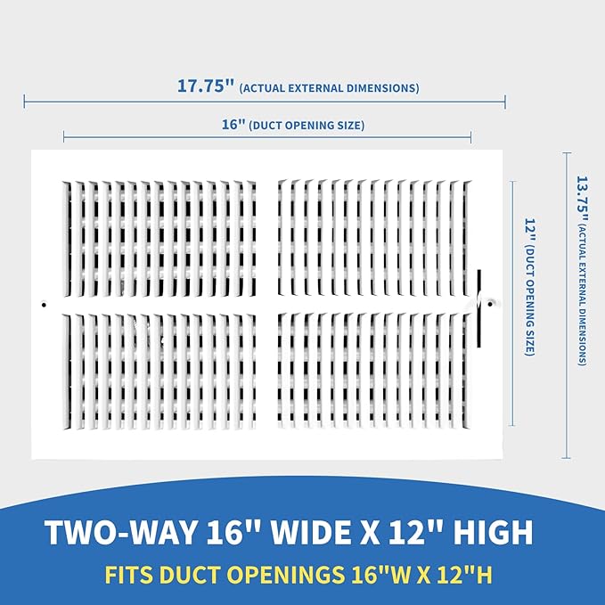 16x12 Vent Register [Duct Opening], Vent Covers for Home Ceiling, Two-Way Ventilation Register, Adjustable Solid Steel Wall Register Vent Cover (16"W x 12"H [Duct Opening])