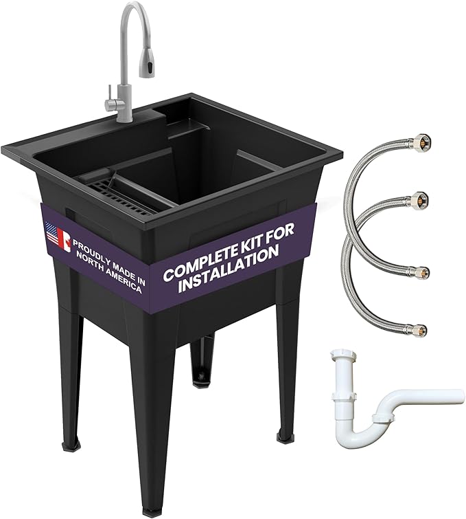 Freestanding Utility Sink with Stainless Steel Gooseneck Faucet - 24" Plastic Utility Sink for Garage, Laundry, Indoor and Oudoor Use - Laundry Tub Kit by Noah William Home - Black (19.5 gal)