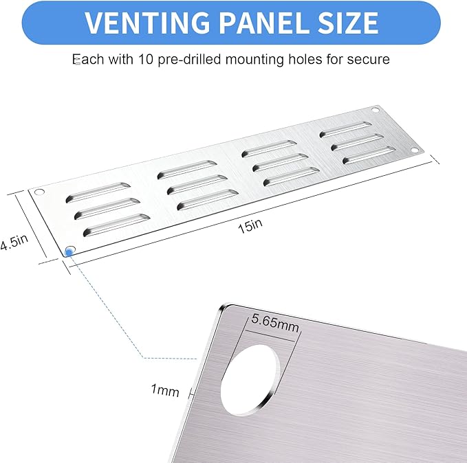 4 Pack Stainless Steel Venting Panel for BBQ Grill Accessory, 15x4.5 Inch (12-Slots), 304 Grade Metal Vent Cover for Masonry Fire Pits & Outdoor Kitchens, Weather Resistant, 15" by 4-1/2"