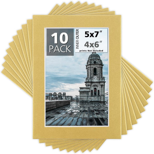 Mat Board Center, Pack of 10, 5x7 for 4x6 Old Gold Color Mats - Bevel Cut, Acid Free, 4-ply Thickness, White Core - for Pictures, Photos, Framing