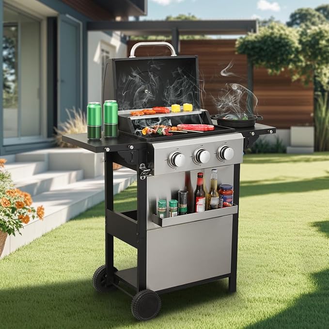 3-Burner Propane Gas BBQ Grill with Side Burner, 25650 BTU Output With Enameled Cast Iron Cooking Grids For Outdoor Barbecue, Stainless Steel