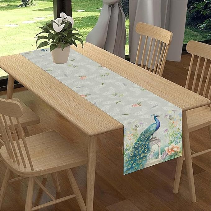 Peacock Table Runner,Watercolor Traditional Chinese Style Peacock Floral Garden Traditionla Chinese Style Table Center Decor for Home Dining Kitchen Patio Party Indoor Table Decorations, 13"x72"