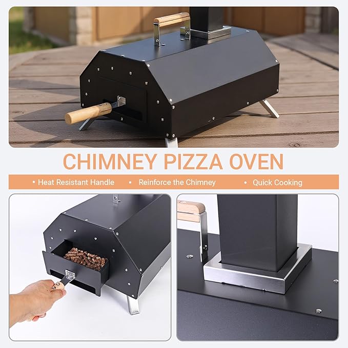 Outdoor Wood Fired Pizza Oven - Portable 12" Pizza Maker with Thermometer, Gas Hose & Pizza Stone for Backyard or Camping
