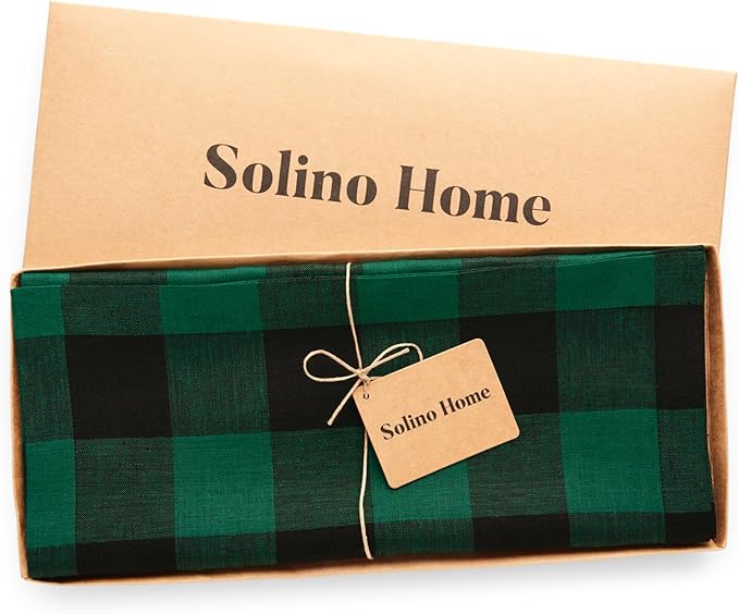Solino Home Linen Checkered Table Runner 144 Inches Long - 100% Pure Linen Buffalo Check Green and Black Table Runner 14 x 144 Inch Ideal for Dining, Winter