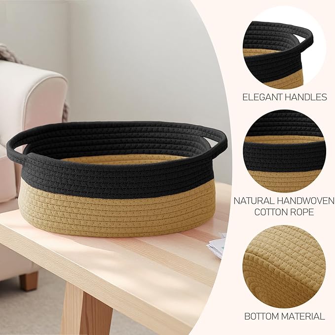 Woven Basket,Small Rope Storage Bin with Handles & Ribbon Bag, Organizer for Shelves Closets,Gift Basket Empty for Birthday,Books,Dog Toys, Black&Jute/2 Pack