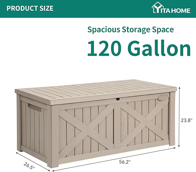 YITAHOME 120 Gallon Large Outdoor Storage Box with X-Shaped Front, Waterproof Resin Deck Box Cushion Storage Bench for Patio, Pool Supplies, Garden Tools- Lockable, Taupe