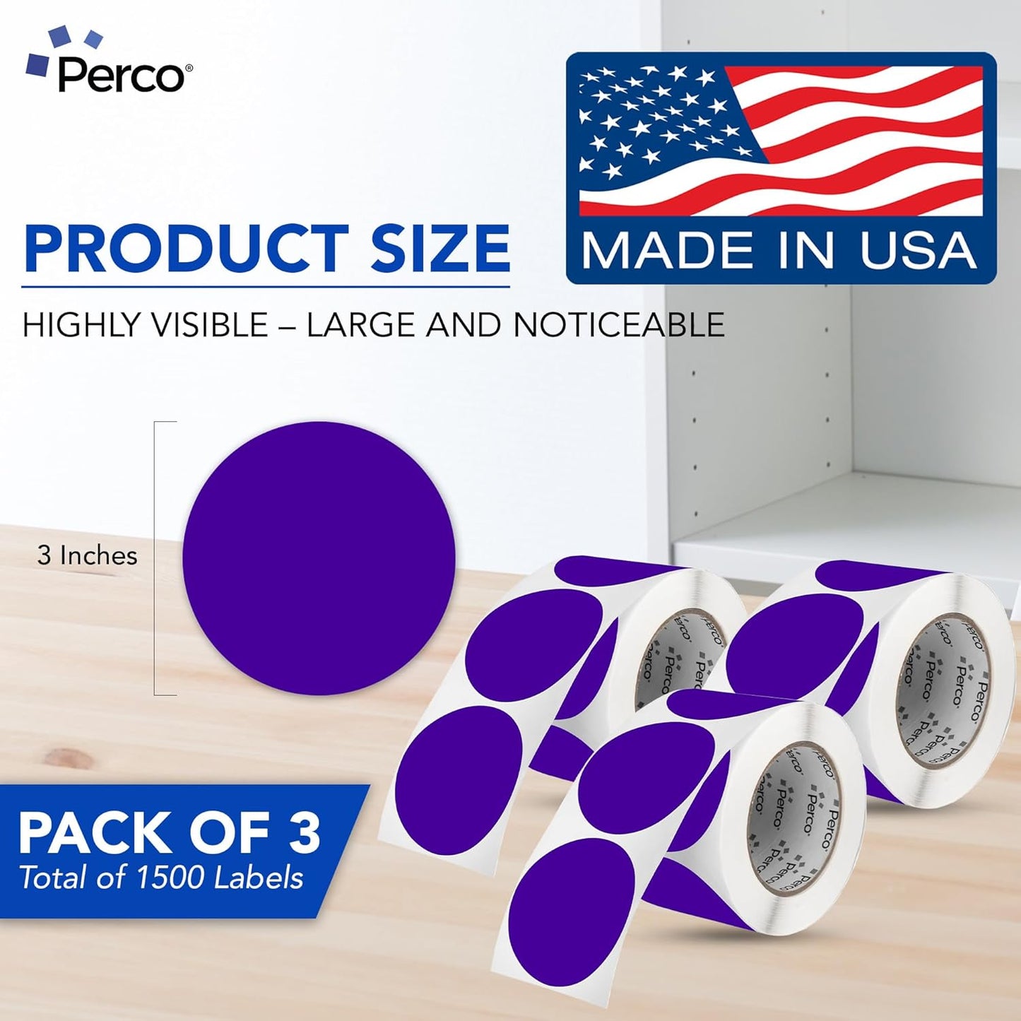 Perco Purple 3-Inch Round Circle Dot Sticker Labels - Multi-Roll Pack (3 Rolls, 500 Labels Each) - Permanent Adhesive, Vibrant Colors, Strong Hold - Perforated for Easy Use - Made in USA