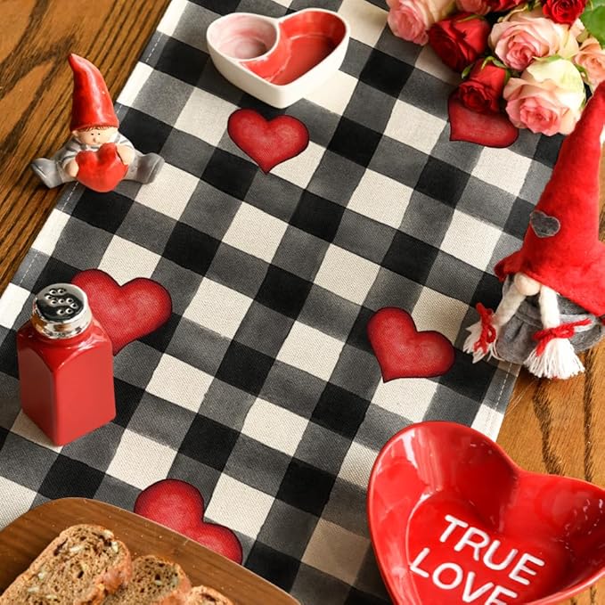 Artoid Mode Watercolor Buffalo Plaid Hearts Gnomes Love Valentine's Table Runner, Seasonal Anniversary Wedding HoliKitchen Dining Table Decoration for Indoor Outdoor Home Decor 13 x 60 Inch