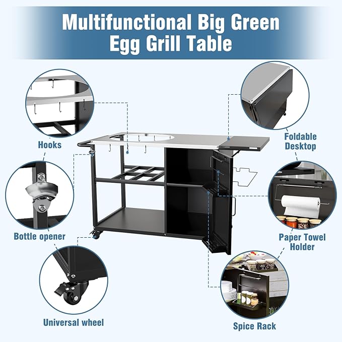 Big Green Egg Outdoor Grill Table, Portable Heavy Duty Grill Cart with Wheels, Plenty of Storage, Fits Large, Medium, and Small Big Green Egg and Kamado Joe Classic Grills