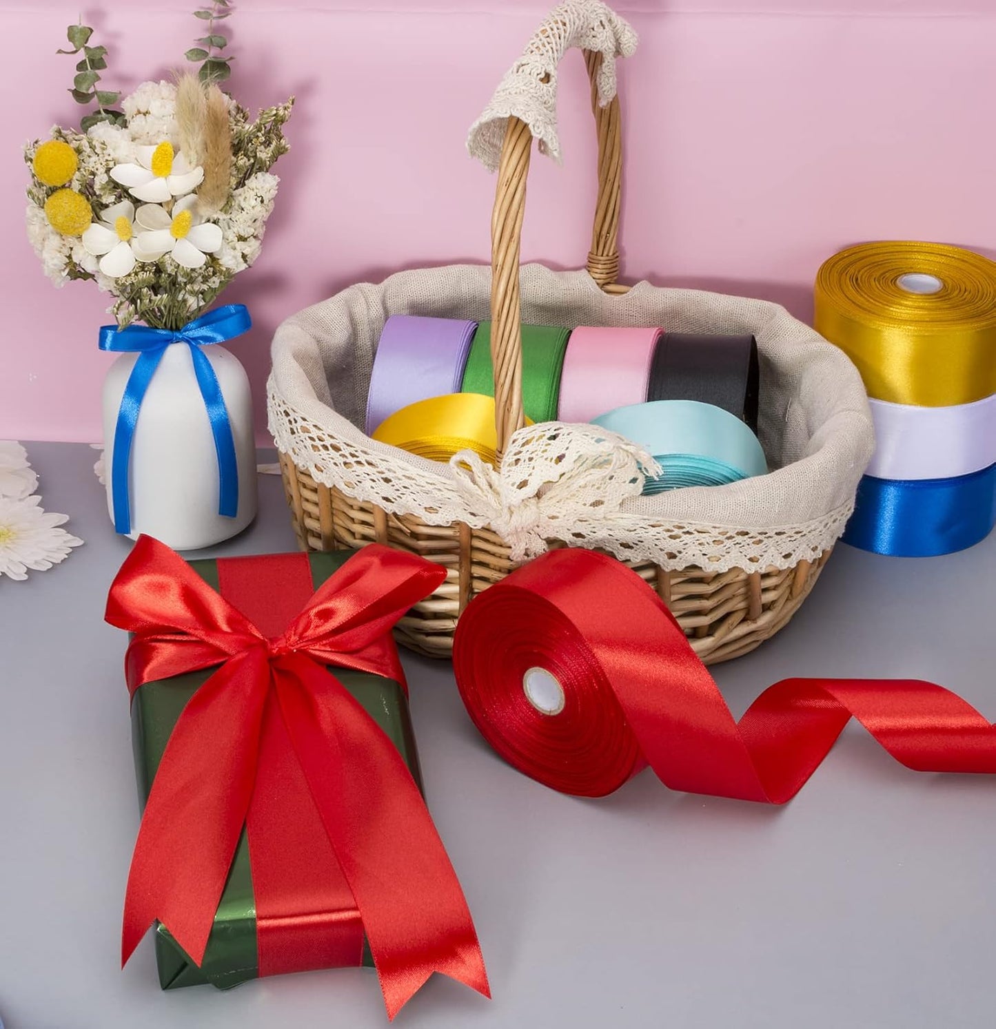 1 1/2 Inch Red Solid Satin Ribbon, 50 Yards Craft Fabric Ribbon for Gift Wrapping Floral Bouquets Wedding Party Decoration