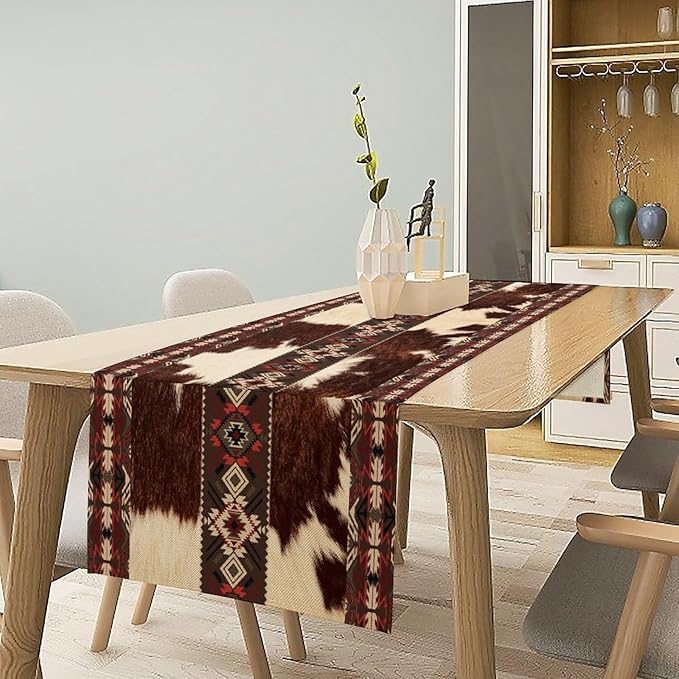 Cowhide Table Runner, Brown Cow Western Exotic Aztec Wild Animals Skin Table Runner for Kitchen Farmhouse Dining Home Outdoor Party 13x70in