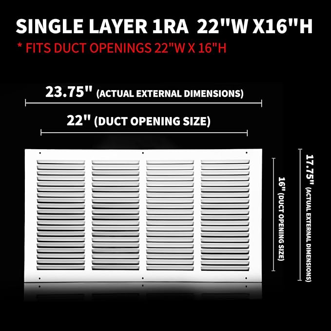 Air Vent 22 x 16(Duct Opening Size),Air Return Vent Cover,Flat Vent Cover,Rejillas De Aire Acondicionado para Casa,Return Air Grilles,Outer Dimensions:23.75"Wx17.75"H(22"W x 16"H, Duct Opening)