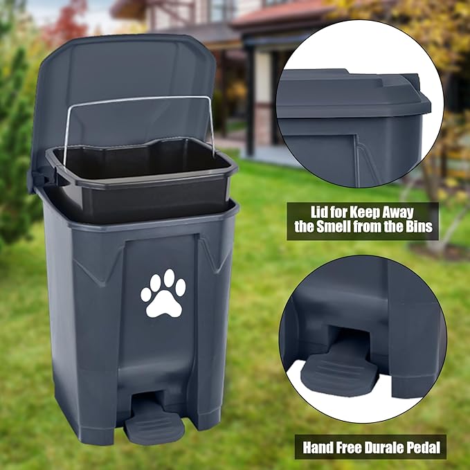 tebiete Dog Poop Trash Can Outdoors Pet Waste Station with Lid Dog Waste Disposal Container with Removable Inner Bin Bucket Hands-Free Pedal Garden Yard Home with 5Rolls Waste Bags, Grey
