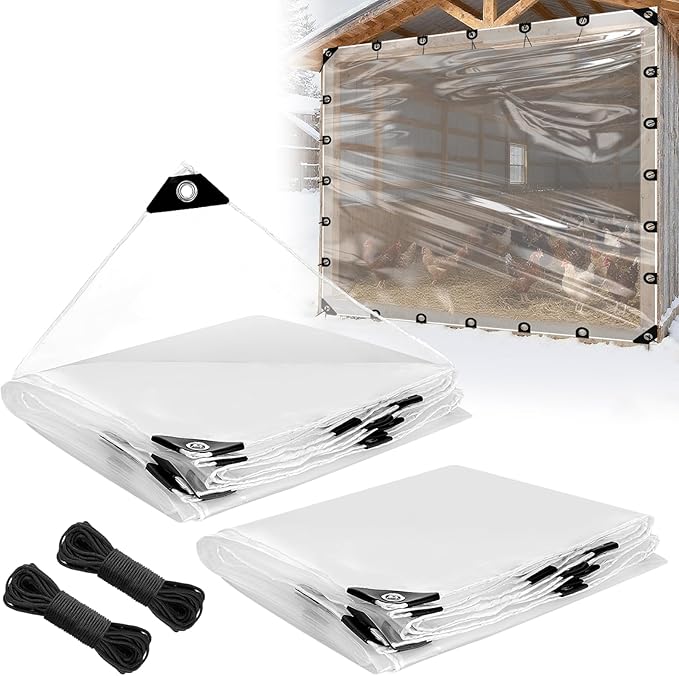 10x10ft Anti-Tear Clear Tarp Waterproof for Patio Winterizing - 2pcs Windproof Poly Tarpaulin, Heavy Duty Transparent Enclosure with Grommets for Covering Chicken Coops Greenhouse Garden Plants
