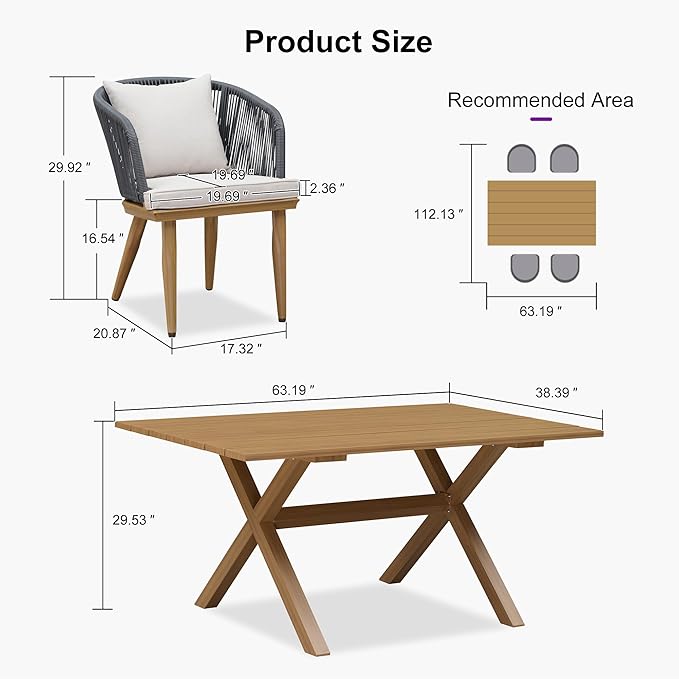PURPLE LEAF 5 Pieces Patio Dining Set Wicker Outdoor Furniture Rectangular Table and Chairs Set for Garden Deck Teak-Finish Aluminum Frame Backyard Kitchen Set, Cushions and Pillows Included