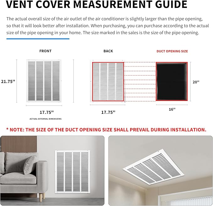 16x20 Return Air Grille(Duct Opening Size),Air Return Vent Cover,Flat Vent Cover,Rejillas De Aire Acondicionado Para Casa,Return Air Grilles,Outer Dimensions:17.75"Wx21.75"H(16"W x 20"H, Duct Opening)