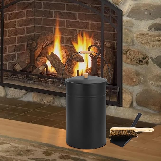 FEED GARDEN 5.15 Gallon Ash Bucket with Lid,Shovel,Broom Ash Can for Fireplace Fire Pits,Wood Stoves,Fireplace Galvanized Iron Bucket,Pellet Charcoal Bucket,Indoor Outdoor，Black