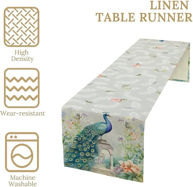 Peacock Table Runner,Watercolor Traditional Chinese Style Peacock Floral Garden Traditionla Chinese Style Table Center Decor for Home Dining Kitchen Patio Party Indoor Table Decorations, 13"x72"