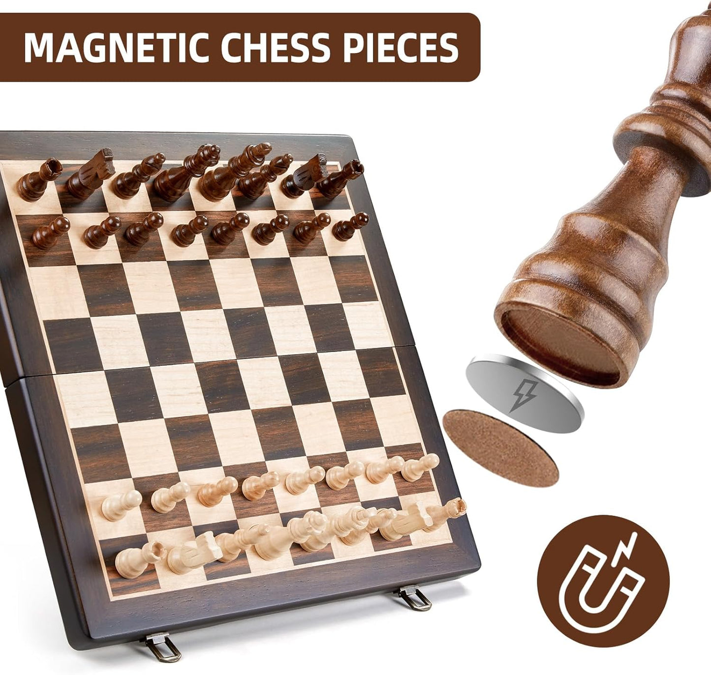 Magnetic Wooden Chess Set for Adults Kids,15" Folding Chess Board with Wood Texture 2 Extra Queens - Handmade Pieces Travel Board Games for Professional Beginner