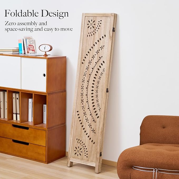 66.9Inch Folding Room Divider, 3 Panels Wood Carved Privacy Screens, Free Assembled Freestanding Partition for Home Office Restaurant Bedroom (Natural)