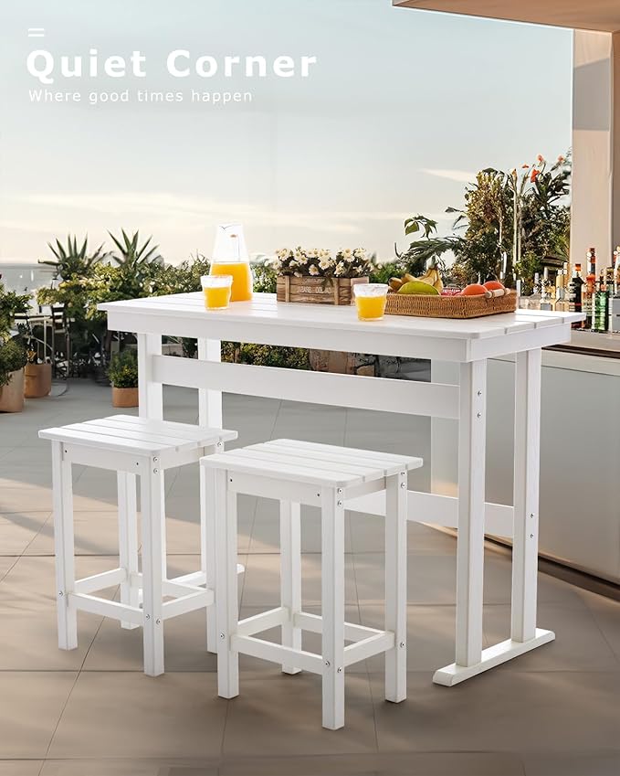 3 Piece HDPE Outdoor Bar Height Table and Chairs Set of 2 Includes High Top Patio Table and Chairs, Outside Patio Bar Set for Bistro,Balcony,Backyard,Poolside (White, 3 Piece)