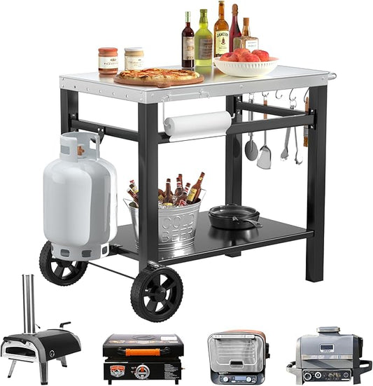 34x21IN Outdoor Grill Table, Grill Stand Cart for Ninja Woodfire & Blackstone Griddle, Pizza Oven Table for Outside, Extra-Wide Stainless Steel Cart with Wheels for Kitchen Table Barbecue Tool Set