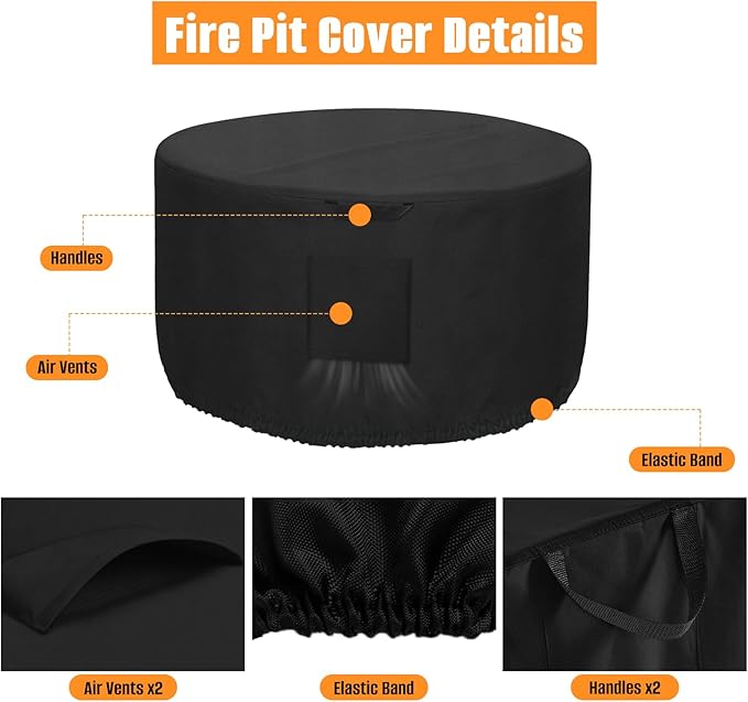 Kovshuiwe Round Gas Fire Pit Cover-600D Fabric Waterproof and Resistant Material，Fits Outdoor for 34-36 Inch Fire Pit/Table Cover, Patio Fire Bowl Cover-36 Dia x 20" H, Black