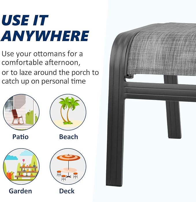 Outdoor Patio Ottoman Seat Textilene Portable Metal Footstool Portable Footrest Patio Chairs 2 Set New Grey