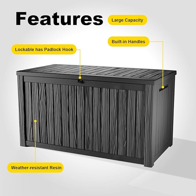 180 Gallon Waterproof Outdoor Storage Box, UV Resistant Resin Deck Box with Hydraulic Rod for Reinforced Stability, Perfect for Patio, Garden, and Pool（Black，180 Gallon）