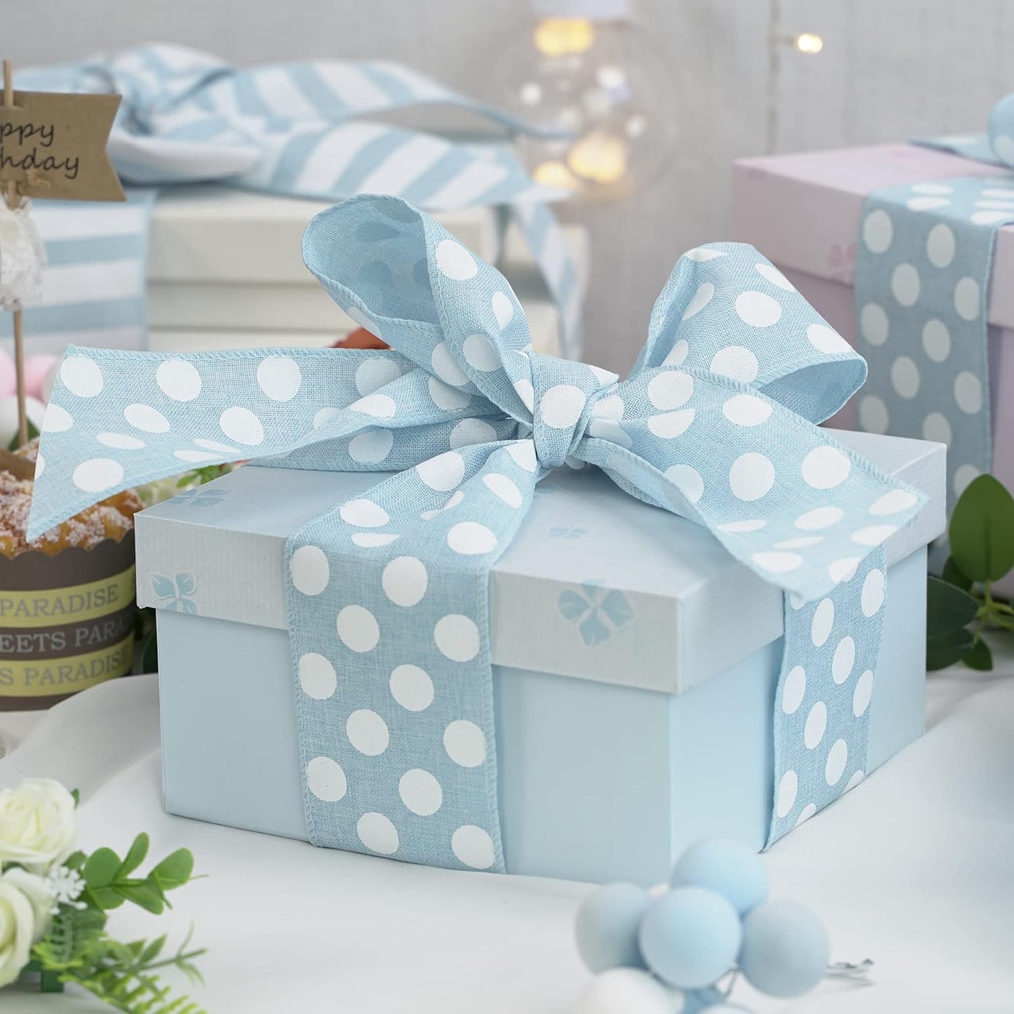 MEEDEE Blue Burlap Ribbon 2.5 Inch with White Polka Dot Blue White Wired Ribbon for Baby Boy Wreaths and Showers, 10 Yards