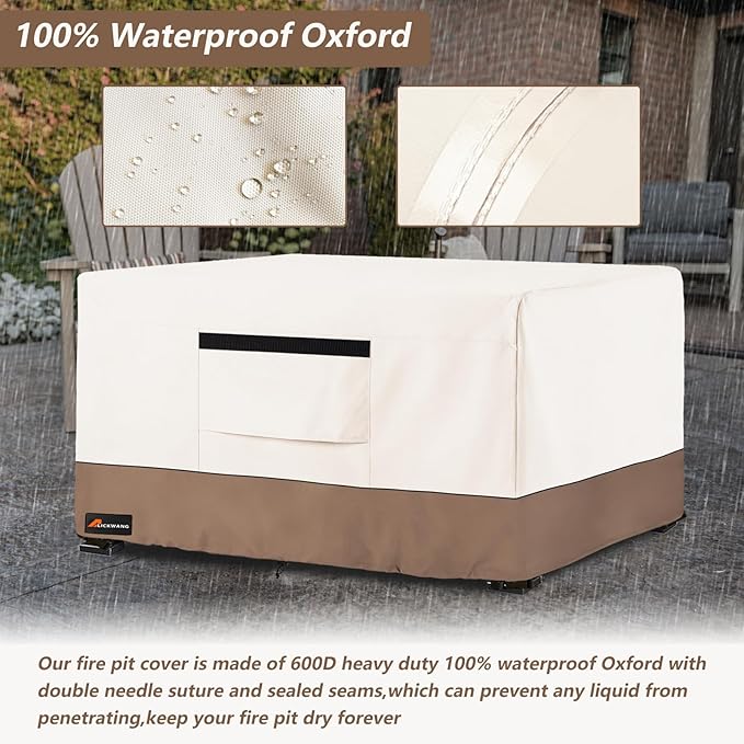 Fire Pit Cover Rectangular, Outdoor Heavy Duty 600D Tear-Resistant 100% Waterproof 48 Inch Fire Table Cover Rectangle, Patio Weatherproof Rectangular Fire Table Protector, Beige 48" L x 28" W x 24" H