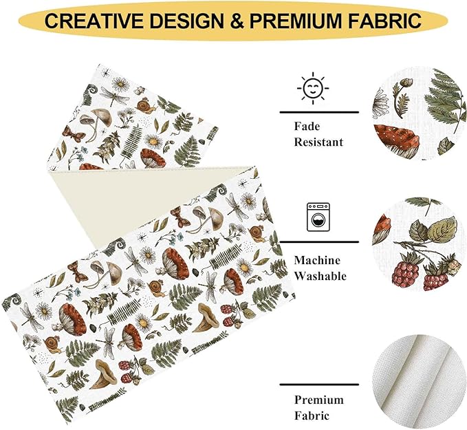 Mushroom Table Runner, Rustic Farmhouse Forest Plants Botanical Country Coffee Table Center Decor for Home Kitchen Dining Patio Holiday Party Indoor Outdoor Table Decorations, 13"x36" Inch