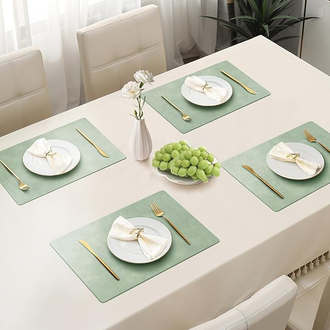 Roxifina Faux Leather Placemats Set of 4 - Vinyl Placemats Wipeable Waterproof Oil-Proof PU Place Mats Heat Resistant Reversible Table Mats for Dining, Kitchen, Outdoor, 12 x 17 Inch (Green)