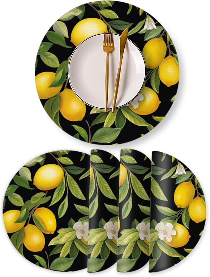 Faux Leather Ding Table Placemats Set of 4,Lemon Tree with Leaves Round Placemat Easy to Clean Heat-Resistant Waterproof Non-Slip Place Mats Indoor and Outdoor Scenes,13inch