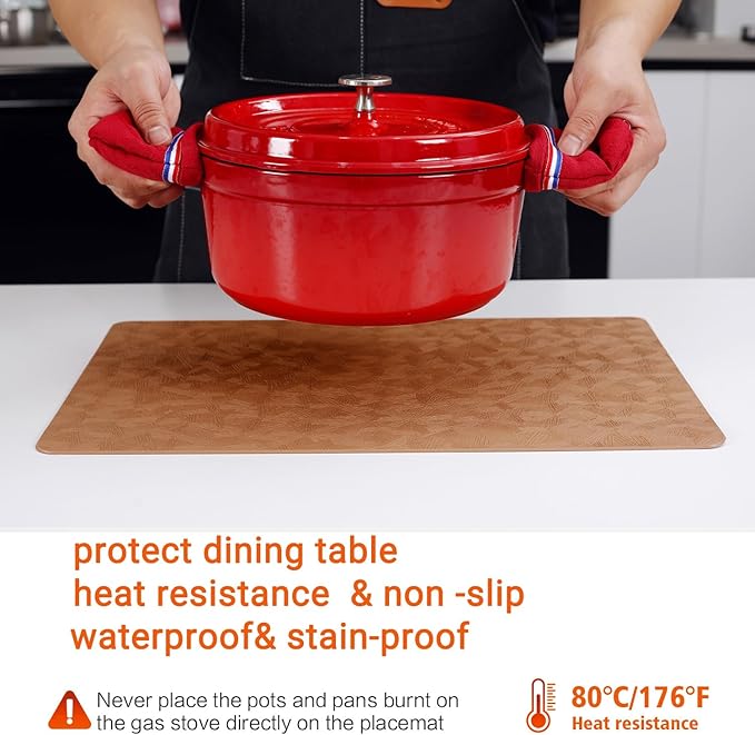 Vinyl Placemats Set of 4 Heat Resistant Easy Clean Non-Slip Place Mats for Dining Table. Faux Leather Waterproof Stain Resistant Wipeable Washable PU Table Mats(4, Light Brown)