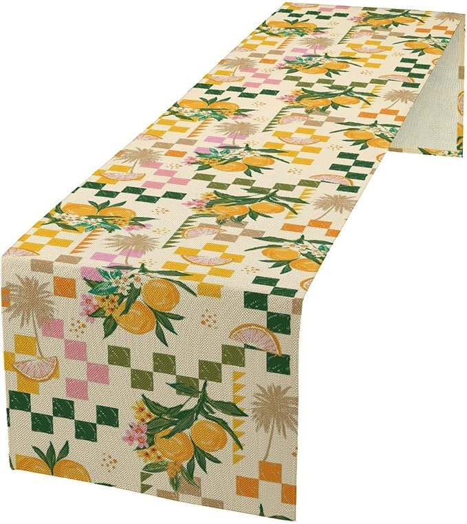 Tropical Summer Fruit Table Runner, Orange Square Grid Lemon Beach Ocean Table Runner for Kitchen Dining Party Holiday Home 13x60in