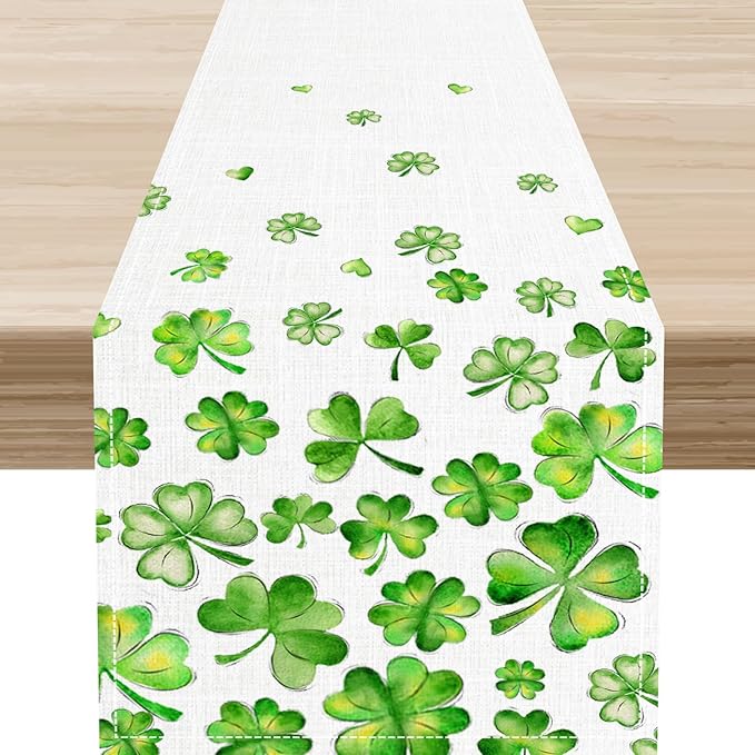 St.Patrick's Day Table Runner,Rustic Green Clover Seasonal Leaves White Green Table Center Decor for Family Kitchen and Living Room Outdoor Farmhouse Party Table Decorations, 13"x90"