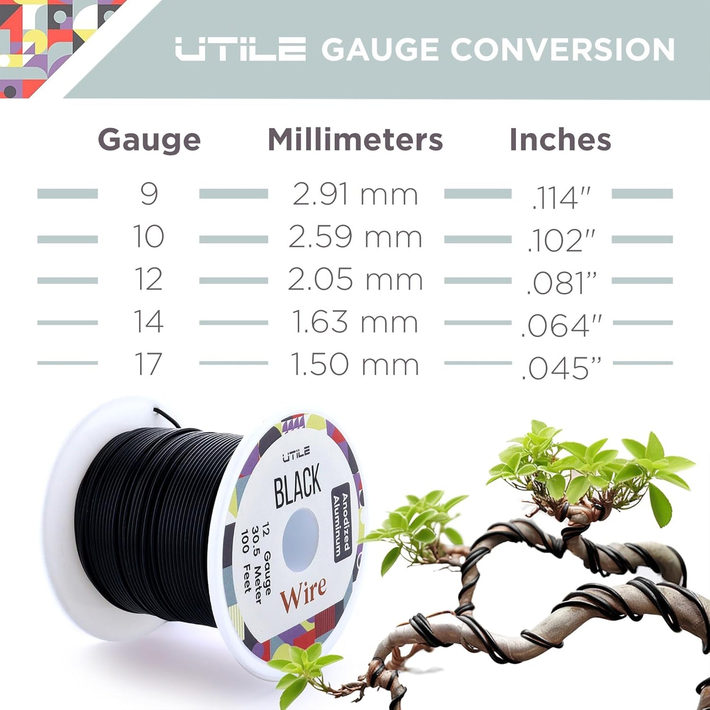 UTILE Bonsai Wire - Armature Aluminum Wire 100 ft 17 Gauge 1.4 mm Bonsai Training Wire, Tree Kit, Plant, Sculpting, Crafts, Bendable, Gardening, Beading and Jewelry Making (Copper, Black)