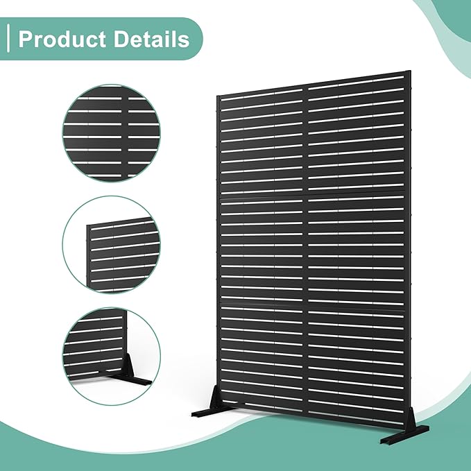 Metal Privacy Screen for Outdoor & Indoor Use, Free Standing Privacy Screen for Patio Garden Pool, 72" H x 47" W Decoative Privacy Panels, Weather Resistant, Easy Assembly (Black Louvered)
