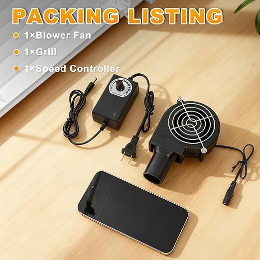 KUNRISE BBQ 97mm × 33mm Blower Fan, High Airflow 110V 120V Variable Speed Centrifugal Fan with AC Plug for Camping, Charcoal Ignition, Outdoor Cooking, Fireplace, Bellows or Wood Stove