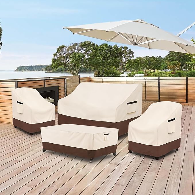 Rileytee Patio Furniture Set Covers, 4 Pcs 600D Heavy Duty 100% Waterproof Outdoor Furniture Cover, Fit Patio Loveseat, Chair and Coffee Table (Beige & Brown)